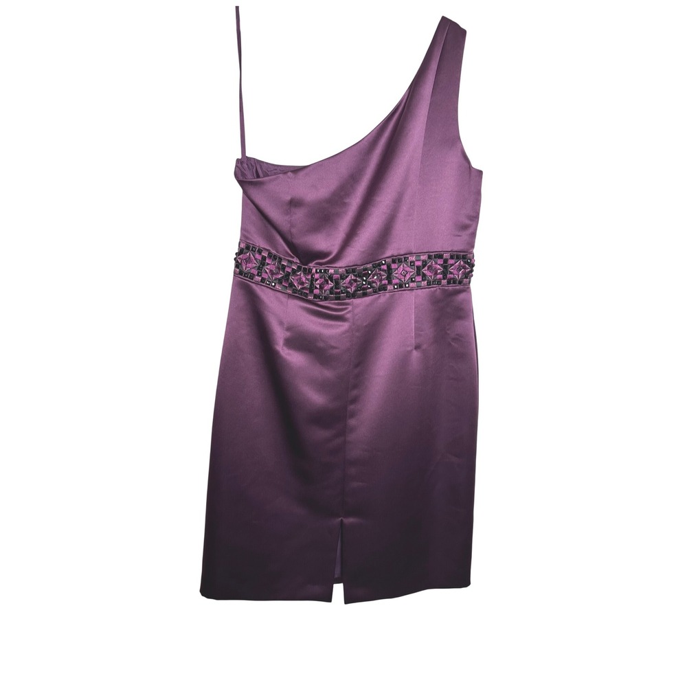 Tahari One Shoulder Satin Dress Womens 12 Purple Beaded Cocktail Evening - Picture 4 of 9